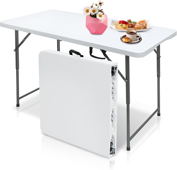 AJP Distributors 4 Foot Portable Plastic Folding Table 4FT 48" Half Foldable Heavy Duty Top w/Carry Handle - Indoor Outdoor Backyard Camping Picnic BBQ Party Wedding Dining Office Event Meeting White