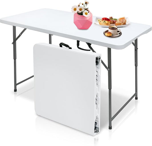 AJP Distributors 4 Foot Portable Plastic Folding Table 4FT 48" Half Foldable Heavy Duty Top w/Carry Handle - Indoor Outdoor Backyard Camping Picnic BBQ Party Wedding Dining Office Event Meeting White