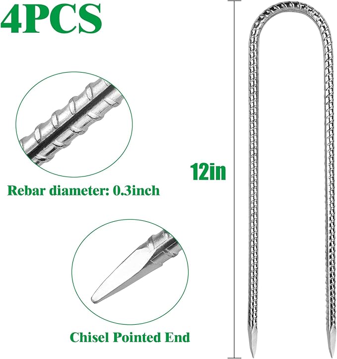 Rebar Stakes, Heavy Duty Metal J Hook Garden Ground Stakes for Camping Tent Canopy (U Shape-Silver, U-12"x0.3"-4pcs)