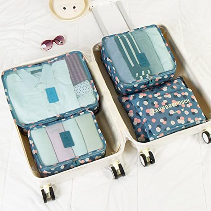 6 PCS Packing Cubes,Multi-functional Clothing Sorting Packages,Travel Carry On Luggage Organizers Storage Bags,Travel Packing Pouches, Blue Flower