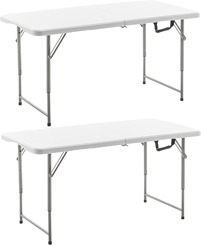 BTEXPERT Set of 2, 4 Feet Plastic Folding Table Height Adjustable Portable Carrying Handle Indoor Outdoor Picnic Camping Office Home Party, White, Fold in Half