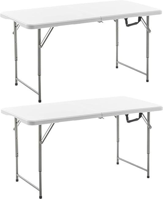 BTEXPERT Set of 2, 4 Feet Plastic Folding Table Height Adjustable Portable Carrying Handle Indoor Outdoor Picnic Camping Office Home Party, White, Fold in Half