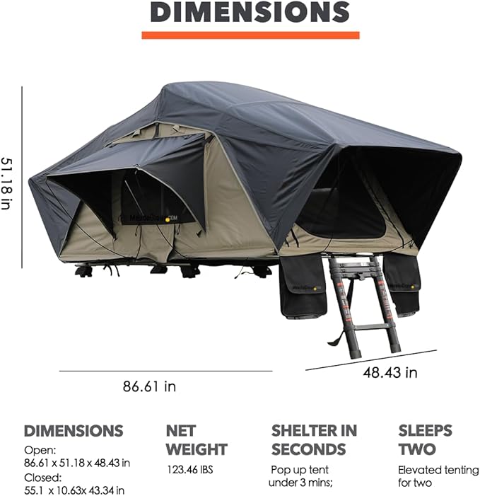 Meedo Apolle A86 M, Soft Shell Rooftop Tent, Fits 2 People, Made with Waterproof Material and a Rainfly-Fold Design, Clamshell Army Green Roof top Tent for Overlanding Hunting, Ladder Included