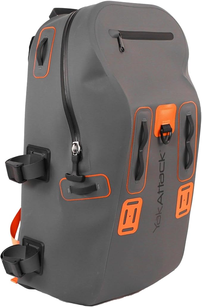 YakAttack 28L DryPak Waterproof Backpack - Grey/Orange | Floating Marine Dry Bag Pack with Padded Straps for Kayaking, Fishing & Hiking | 10" x 22" x 12" | Lightweight Outdoor Gear & Storage Drybag