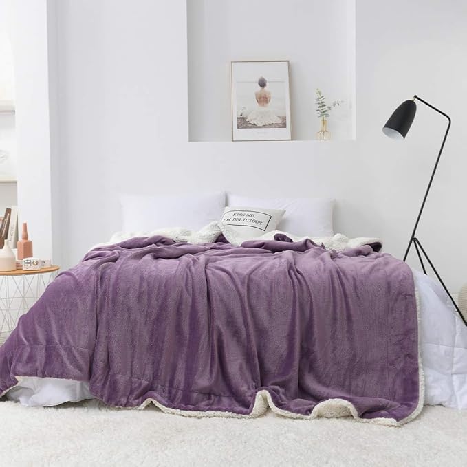NANPIPER Throw Blanket Reversible Sherpa Flannel Bed Blanket Super Soft Fuzzy Plush Fleece Microfiber (90"x90" Cassis Purple) Queen