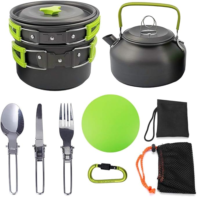 Peidesi Camping Cookware Mess Kit, Portable Camp Stove Pots and Pans Set, Carabiner, Folding Knife, Fork Spoon Kit, Carry Mesh Bag,Teapot for Backpacking, Outdoor Camping, Hiking and Picnic（16Pcs）