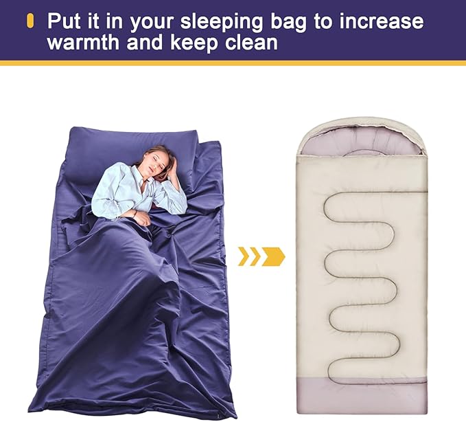 Sleeping Bag Liner, Ultralight Travel Sheet with Zipper and Compact Carry Bag, Portable Sleeping Camping Sheet, Soft Sleeping Bag Sack for Hotel, Hiking, Tenting, Camping