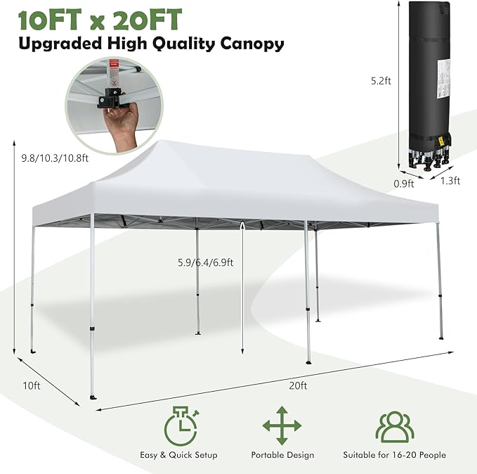 Tangkula 10x20 Ft Pop Up Canopy, UPF 50+ Easy Setup Instant Canopy Tent with 1-Push Center Lock, Wheeled Bag, 8 Stakes, 4 Ropes, Outdoor Commercial Sun Shelter Tent for Camping, Travel, Picnic