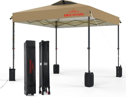 10x10 Pop Up Canopy, Easy Up Canopy Tent, Heavy Duty Tents for Parties, One Person Set Up Event Tent, Khaki