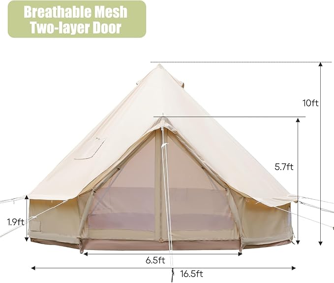 Luxury Cotton Bell Tent, Yurt Canvas Tent with Stove Jack, 4/6/8 Person Family 4 Season Camping