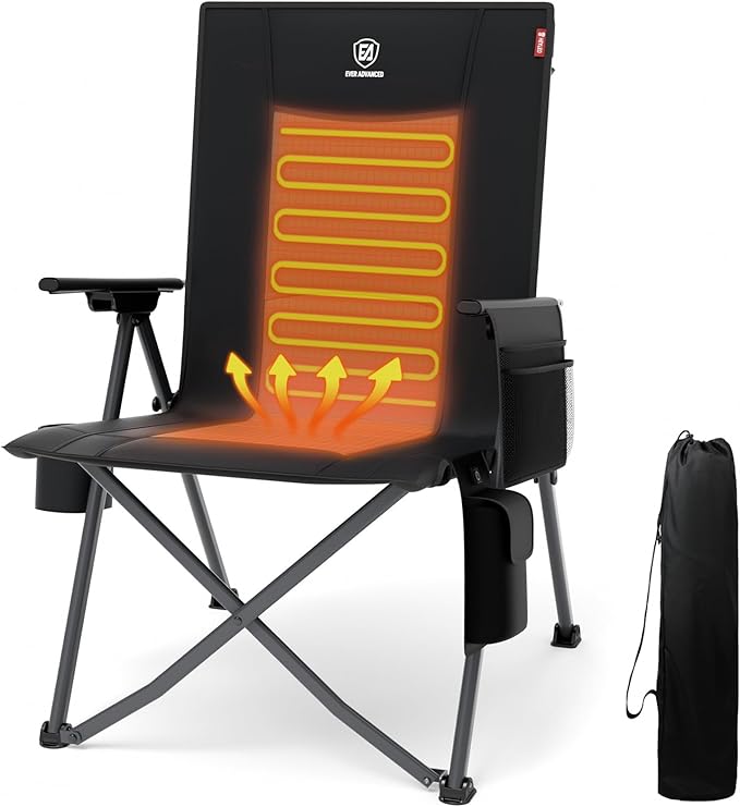 EVER ADVANCED Heated Reclining Camping Chairs for Adult Lightweight, Folding Recliner Chair with Adjustable Back, 4-Level Chairs, Portable Lawn Chairs for Patio Balcony, Supports 350lbs Black