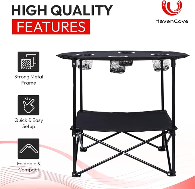 Camping Table, 2-Tier Folding Portable Table with 4 Cup Holders, Camping Cip & Carry Bags for Camping, Collapsible Table Steel Frame, High-Grade 600D Canvas, for BBQ, Fishing, and Picnic
