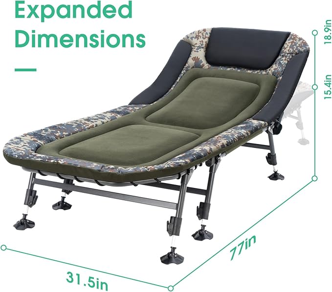 XXL Camping Cot for Adults 330Lbs with Carry Bag, Heavy Duty Folding Bed with Soft Padded Cushion, Portable Camp Bed for Hunting, 180° Adjustable Reclining Outdoor Lounger, Camouflage