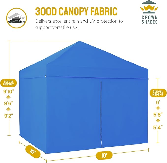 CROWN SHADES 10X10 Comercial Instant Canopy Pop Up Tent with Center Lock (10x10 with 4 Sidewalls, Blue)