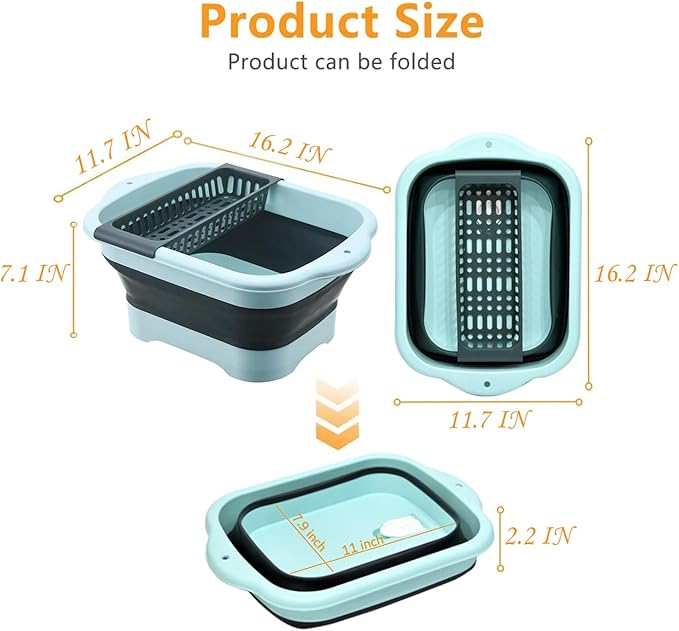 2.98 Gallon (11.28L) Collapsible Dish Basin with Drain Plug, Outdoor Multiuse Foldable Sink Tub, Dishpan, Wash Basin, Portable Kitchen Storage Tray for Camping, RV, Beverage Bucket (Yellow)