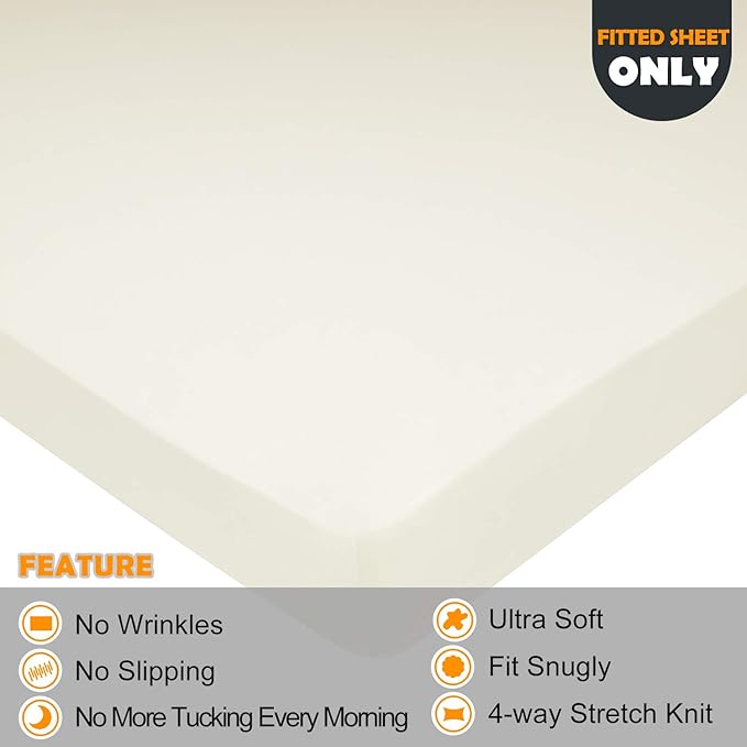 Soft Stretch Full Size Fitted Sheet Only - Jersey Knit & Cozy T-Shirt Like, 4-Way Stretchy Snug Fit & Wrinkle Free, No More Slipping Mattress Sheets - Creamy Beige, Full