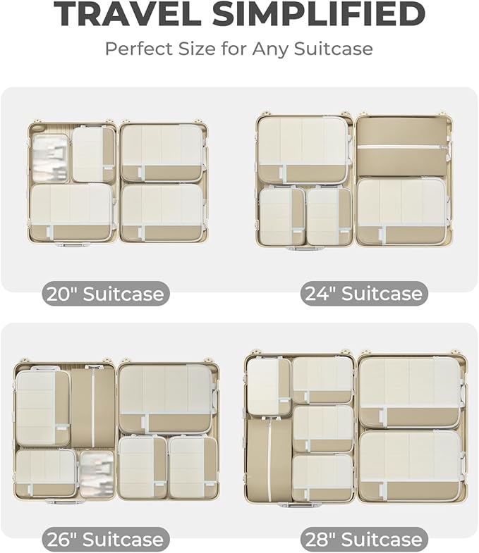 Percover Compression Packing Cubes 6-Piece Set, Packing Cubes Compression for Travel with Multi-Size Organization, Travel Organizer for Carry On & Checked Luggage, Camel