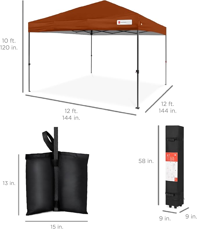 Best Choice Products 12x12ft Pop Up Canopy Tent, Outdoor Shade, 1 Person 1 Minute Set Up, Carry Case, 4 Weight Bags - Rust