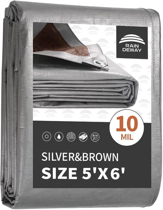 RAINDEWAY Tarps Heavy Duty Waterproof 5x6 Feet,10Mil Thick Multipurpose Poly Small Tarp Cover with Metal Grommets and Reinforced Edges,Silver/Brown Tarp