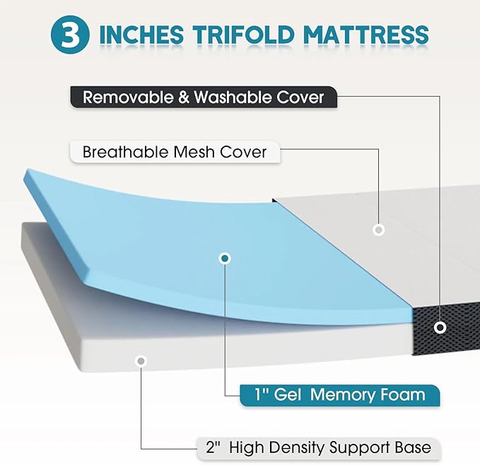 3 inch tri Folding Mattress Tri-Fold Memory Foam Mattress Topper - Portable & Washable - Twin XL Size - Ideal for Camping, Guest, and Floor - CertiPUR-US Certified