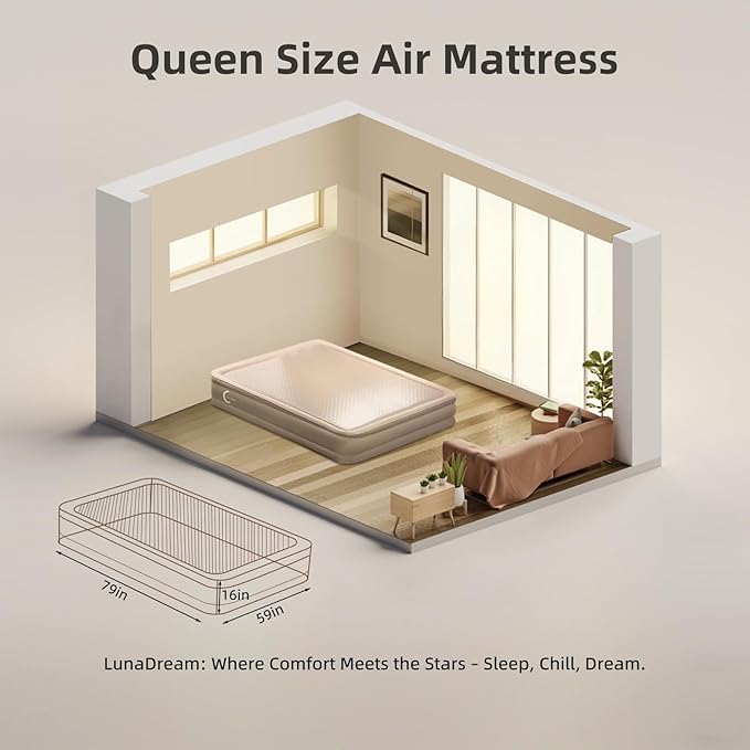 LunaDream Queen Air Mattress with USB Rechargeable Built-in Pump, Wireless Inflatable Airbed, FlexWeave Tech for 1100 lbs Ultra Firm Support, Portable for Home & Camping, Leak Proof Design, Carry Bag