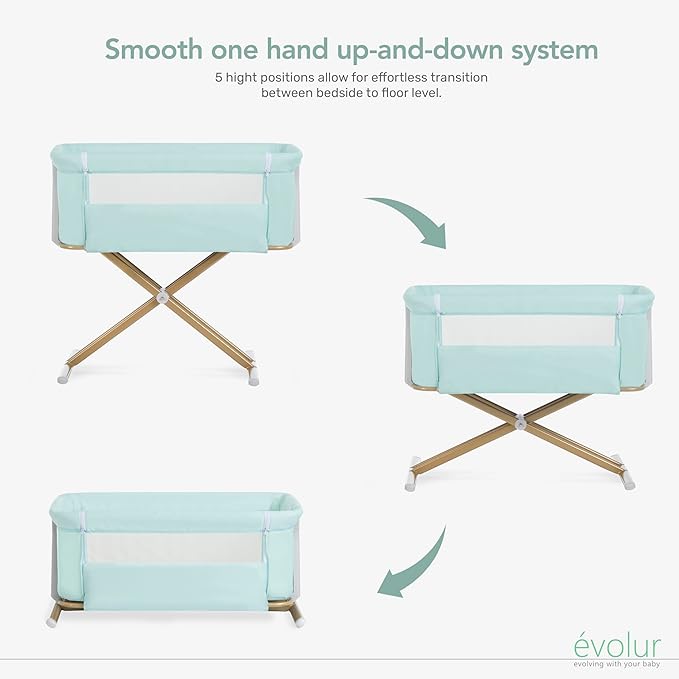 Evolur Orabelle Baby Bassinet & Bedside Sleeper, Breathable Mesh Sides, Plush Mattress Pad with Removable Cover, Tool-Free Assembly, Quick Foldable Steel Frame Compact Design with Travel Bag – Mint