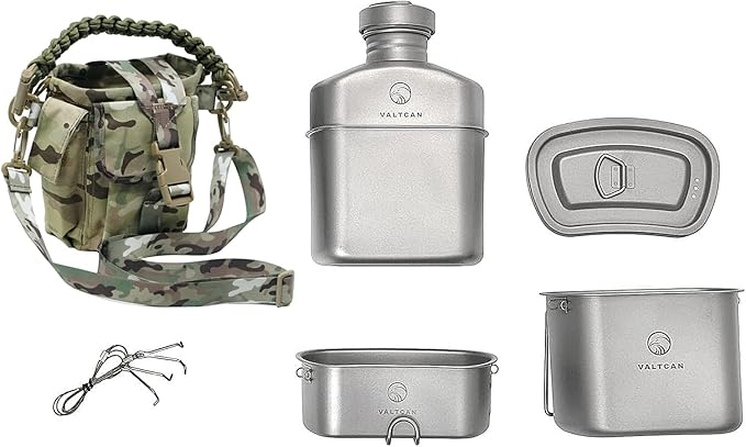 Valtcan Titanium Canteen Mess Kit 1100ml 37oz Capacity with 750ml and 400ml cookware Cups