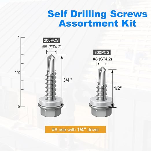 500Pcs Self Tapping Screws Assortment Kit, Self Drilling Screws for Metal, #8 1/2" 3/4", Sheet Metal Screws with Hex Washer Head