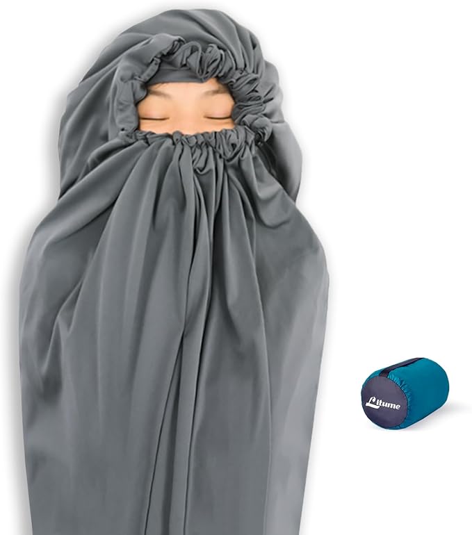 Litume Thermolite All Season Sleeping Bag Liner Add Up to 22°F / 12°C, Mummy Sleeping Sack for Backpacking, Camping, Traveling, for Cold Weather Winter, Sleep Sack with Drawstring Hood (E626)