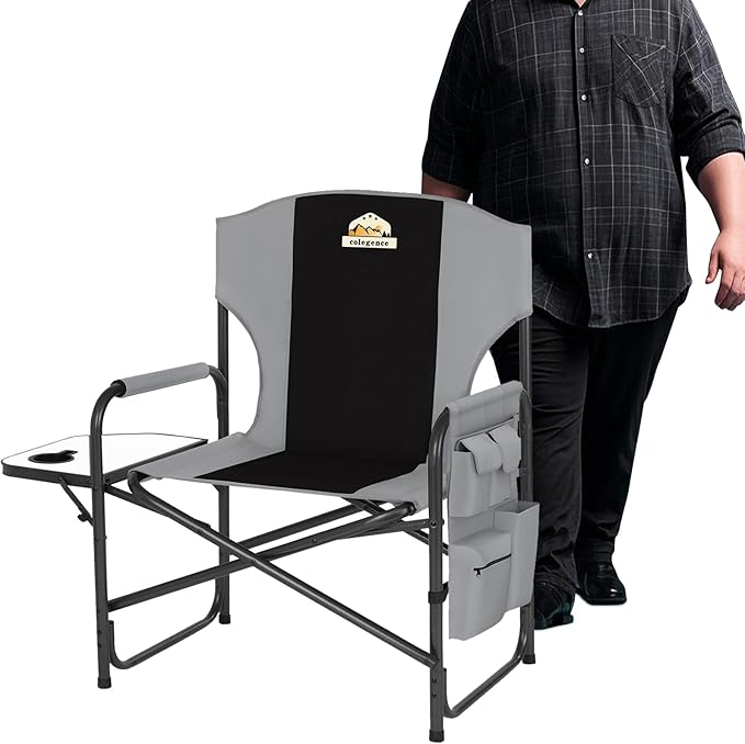 Oversized Directors Camping Chair Support 600 LBS, Heavy Duty Folding Outdoor Chairs with Detachable Side Pocket and Adjustable Side Table for Outside Beach,Lawn,Fishing (Black)