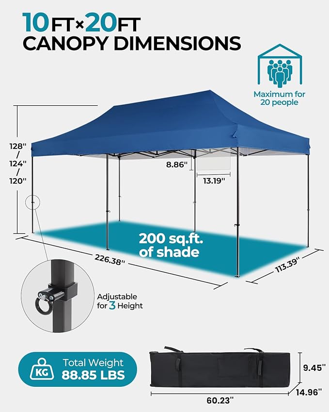 10x20 Canopy Tent with Roller Bag, Commercial Pop Up Canopy Tent, Adjustable Height with Pull Ring, Outdoor Canopy for Beach, Parties, UPF50+, 6 Stakes & 6 Sandbags & 6 Ropes, Blue
