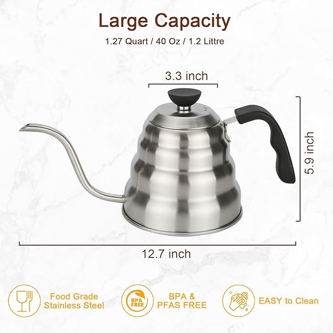 GreatChef Premium Coffee Grooseneck Kettle Stainless Steel - 40 Oz / 1.27 Quarts / 1.2 L / 5 Cup - Perfect Pouring Over for Coffee Drip or Tea Brewing All Stovetop Compatible