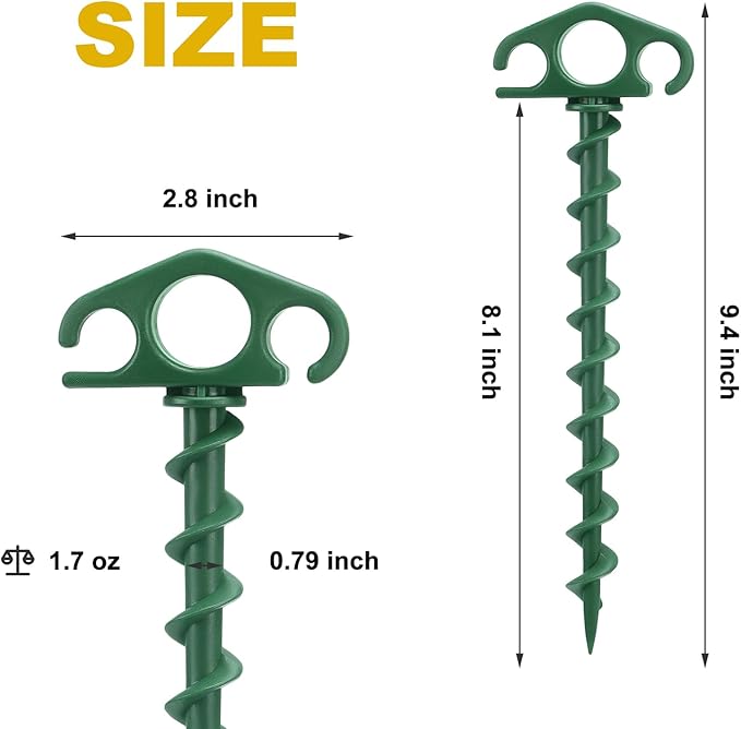 Tent Stakes Ground Anchors Screw in, 16 Pack Sand Stakes for Beach 9.4 Inch Heavy Duty Spiral Tent Pegs for Camping, Party, Hiking, Outdoor Decoration (16, Green)