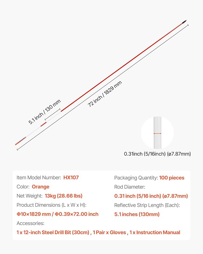 VEVOR Driveway Markers, 100Pcs 72 in Long 5/16 in Dia, Hi-Visibility Driveway Reflectors with 12 in Steel Drill Bits, Reflective Snow Sticks Fiberglass Pole for Parking Lots, Walkways, Snow Plowing