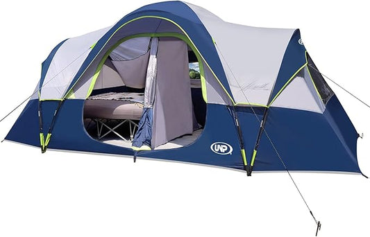 UNP Camping Tent 10-Person-Family Tents, Parties, Music Festival Tent, Big, Easy Up, 5 Large Mesh Windows, Double Layer, 2 Room, Waterproof, Weather Resistant, 18ft x 9ft x78in
