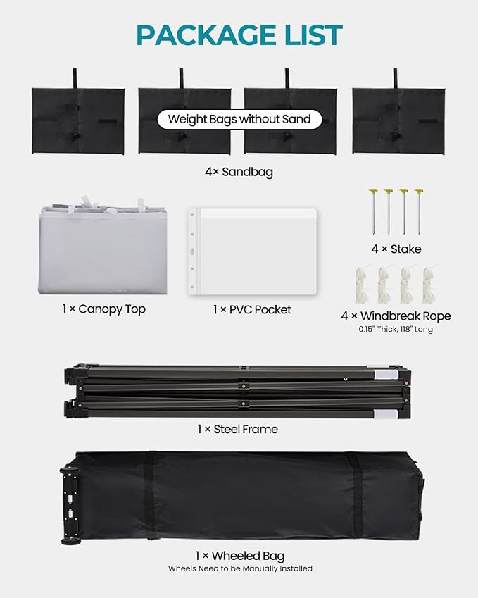 10x10 Pop Up Canopy with Wheeled Bag, Commercial Portable Canopy Tent, Easy Set Up, 4 Stakes & 4Sandbags & 4 Ropes, Waterproof Outdoor Shelter for Market, Parties, White