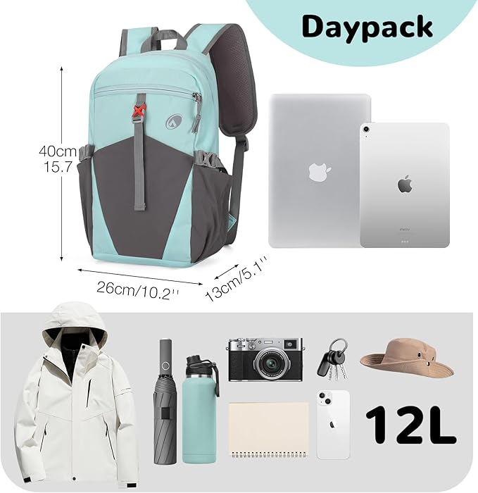 12L Hiking Backpack with Padded Straps for Kids, Waterproof Small Hiking Backpack with Chest Strap for Women, Mini Lightweight Kid Travel Backpacks Day Pack, Light Green