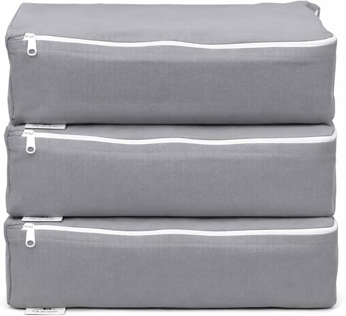 SMALL Packing Cubes – Cotton Canvas, Washable, Reusable, Closet and Travel Organizers (10"x7"x3") with Durable YKK Zippers for Clothes, Shoes, Drawer Organization (Set of 3 SMALL, Gray)
