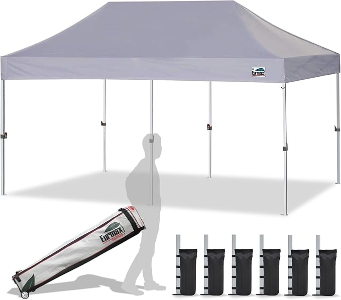 Eurmax USA 10'x20' Pop Up Canopy Tent Commercial Instant Canopies with Heavy Duty Roller Bag,Bonus 6 Sand Weights Bags (Grey)