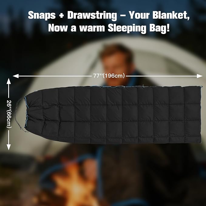 Down Camping Blanket - Black, 1lb 6oz / 77 * 52'' Lightweight Packable Warm Puffy Travel Quilt with Footbox, 650 Fill Power Outdoor Blankets for Hiking, Travel, Hammock & Stadium Down Quilt