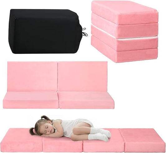 MeMoreCool Kids Folding Mattress, Trifold Mat Foldable Floor Mattress with Washable Cover and Carry Bag, Portable Foam Floor Mat for Kids, Daycare, Sleepover, Camping and Travel, Pink