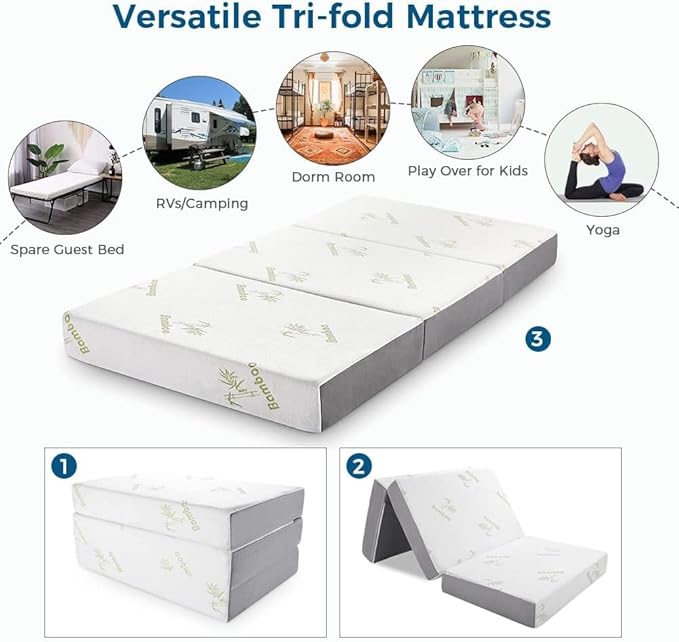 Inofia 6 Inch Folding Mattress, Trifold Memory Foam RV Mattress with Ultra Soft Removable Cover, Foldable & Portable for Camper/Truck/Trailer/Guest Bed, Short King Size (75" x 72" x 6")