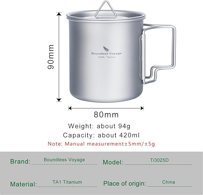 iBasingo 420ml Titanium Mug with Lid Tea Coffee Water Cup Outdoor Camping Pot Ultra-light Portable Hiking Backpacking Cooking Kit Picnic Tableware Drinkware with Foldable Handle Ti3025D