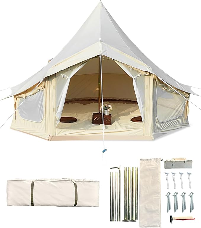 GarveeLife Canvas Bell Tent, 4 Seasons Yurt Tent with 2 Stove Jack, 4 Mesh Zippers Windows, Breathable Waterproof Tent Suitable for 4-12 People, Family Camping Outdoor Party