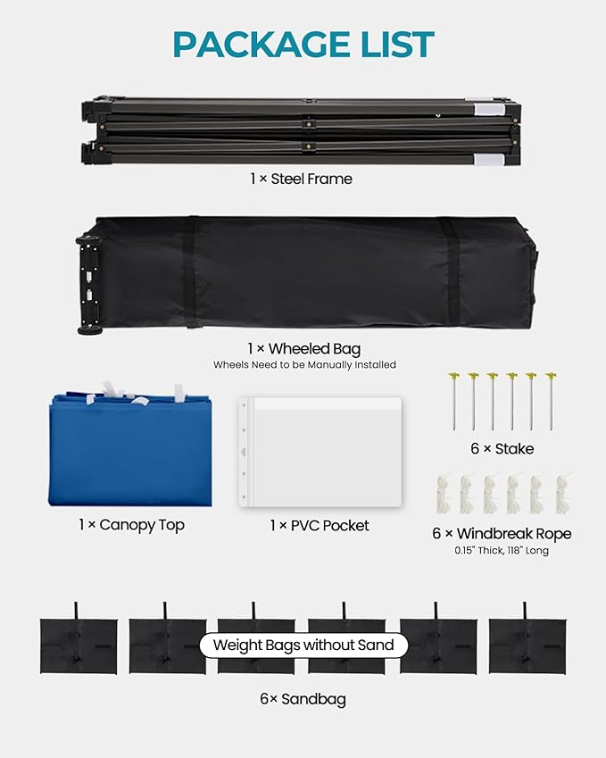 10x20 Canopy Tent with Roller Bag, Commercial Pop Up Canopy Tent, Adjustable Height with Pull Ring, Outdoor Canopy for Beach, Parties, UPF50+, 6 Stakes & 6 Sandbags & 6 Ropes, Blue