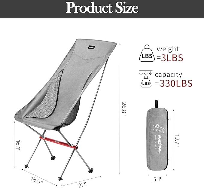 Naturehike Camping Chair, Foldable Chair with Storage Bag, Outdoor Portable Chair for Adults, Lightweight, Supports 330lbs, Backpacking Chair for Fishing, Hiking, Beach, Lawn