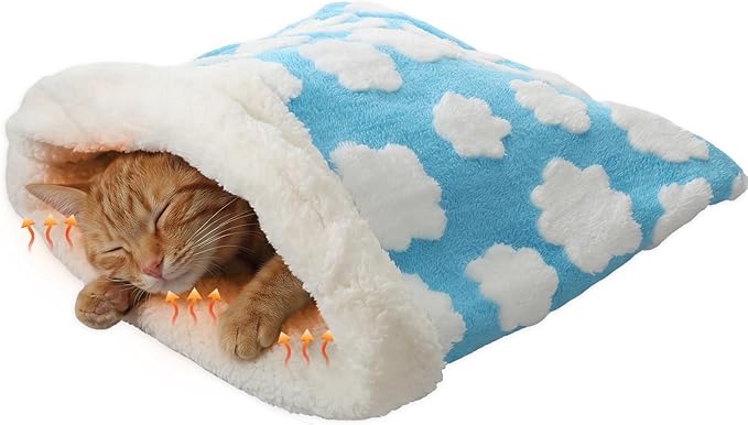 Self Heating Cat Sleeping Bag Indoor Self Warming Cat Bed Cave Heated Pad Cozy Soft Winter Washable Wrap Pet Snuggle Sack Pouch for Puppy Dog Kitten, 24 x 21 Inch, Blue and White