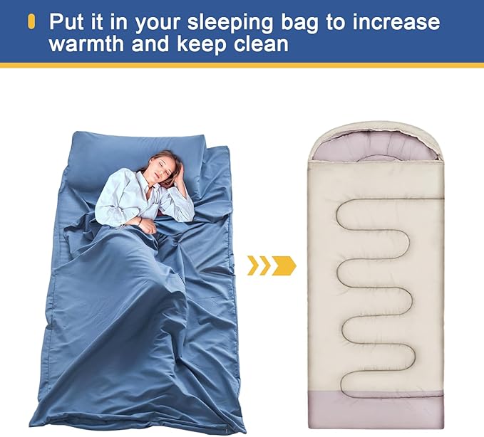 Sleeping Bag Liner, Ultralight Travel Sheet with Zipper and Compact Carry Bag, Portable Sleeping Camping Sheet, Soft Sleeping Bag Sack for Hotel, Hiking, Tenting, Camping