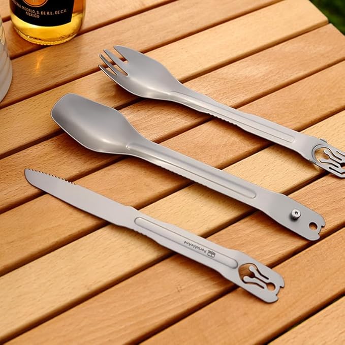 PortableAnd 4-in-1 Camping Utensil Set: Spoon, Spork, Knife, Tongs - Stainless Steel Multi Tool for Outdoor Cooking, Backpacking, Hiking, Picnics - Lightweight Travel Utensil with Carry Bag (1-Pack)