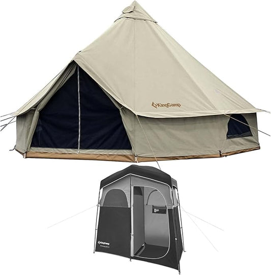 KingCamp Khan Canvas Bell Tent 16.4ft for Camping, Glamping, with 2 Room Camping Shower Tent